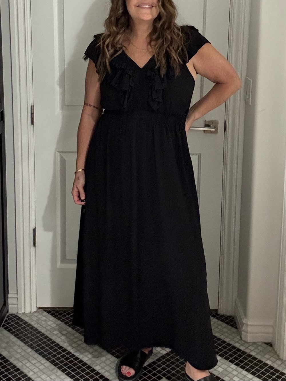 Elegant Black Ruffle V-Neck Maxi Dress